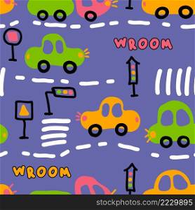 Childish seamless pattern with cars and text WROOM. Perfect for T-shirt, textile and prints. Hand drawn vector illustration for decor and design.