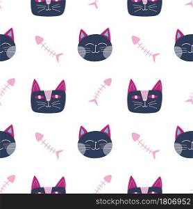 Childish seamless pattern with cat face blue color and fish skeleton in cartoon style. Vector trendy print. Cute baby fabric design. Funny character.. Childish seamless pattern with cat face blue color and fish skeleton in cartoon style.