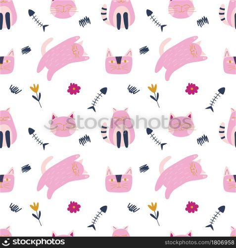 Childish seamless pattern with cat pink and blue color, fish and flowers in cartoon style. Vector trendy print. Cute baby fabric design. Funny character.. Childish seamless pattern with cat pink and blue color, fish and flowers in cartoon style.