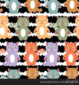 Childish seamless pattern with cats on striped background. Modern print for T-shirt, textile, fabric, paper. Hand drawn vector illustration for decor and design.