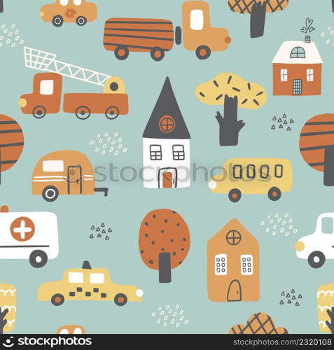 Childish seamless pattern with colorful buildings, trees, cars on a blue background. Small town.