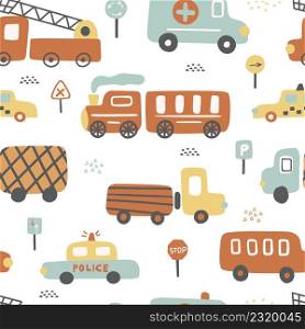 Childish seamless pattern with colorful cars and road signs on a white background.