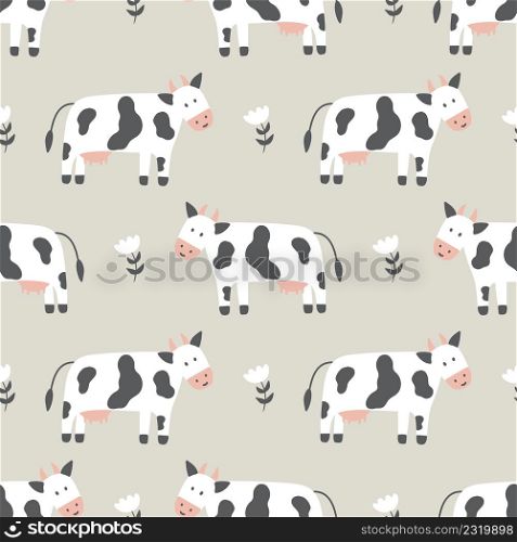 Childish seamless pattern with cows and flowers. Can be used for textile, nursery, wallpaper.