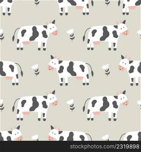 Childish seamless pattern with cows and flowers. Can be used for textile, nursery, wallpaper.