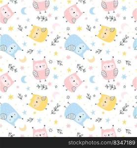 Childish seamless pattern with cute owls, stars, moon and decorative leaves. Vector design for baby fabric, textile, packaging. White background. Simple cartoon style.. Childish seamless pattern with cute owls, stars, moon and decorative leaves.