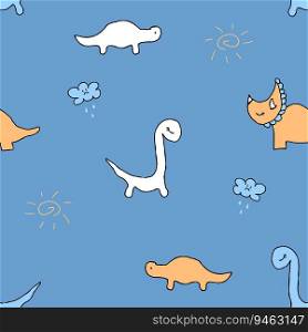 Childish seamless pattern with dinosaurs and rainy clouds. Summer print for tee, paper, textile and fabric. Cute vector illustration for decor and design.