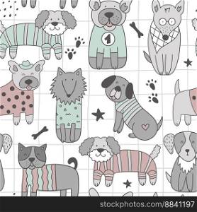 Childish seamless pattern with dogs in Scandinavian style. Vector illustration. It can be used for nursery, apparel, wallpaper, textile, and print.