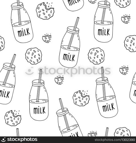 Childish seamless pattern with doodle milk bottles and chocolate chip cookies on a white background.
