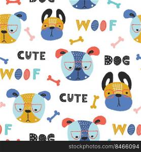 Childish seamless pattern with funny creative dogs. Creative childish texture in scandinavian style. Great for fabric, textile Vector Illustration.. Childish seamless pattern with funny creative dogs. Creative childish texture in scandinavian style. Great for fabric, textile Vector Illustration