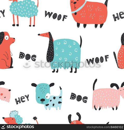 Childish seamless pattern with funny creative dogs. Creative childish texture in scandinavian style. Great for fabric, textile Vector Illustration.. Childish seamless pattern with funny creative dogs. Creative childish texture in scandinavian style. Great for fabric, textile Vector Illustration