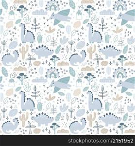 Childish seamless pattern with hand drawn baby dino in scandinavian style. Creative vector childish boy background for fabric, textile.. Vector childish seamless pattern with hand drawn baby dino in scandinavian style. Creative kids boy background for fabric, textile