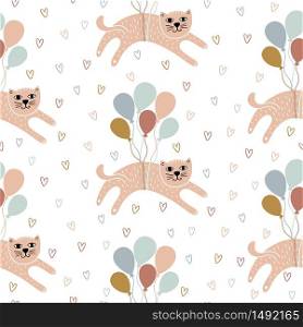 Childish seamless pattern with hand-drawn cats. Scandinavian background with cats, balloons and hearts. Can be used for wallpaper, textile, packaging.