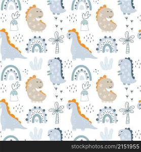 Childish seamless pattern with hand drawn dino in scandinavian style baby boy. Creative vector childish background for fabric, textile.. Vector childish seamless pattern with hand drawn dino in scandinavian style baby boy. Creative kids background for fabric, textile