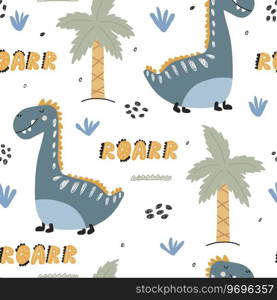 Childish seamless pattern with hand drawn dinosaurs. Creative vector kids background for fabric, textile, wallpaper. Vector illustration.. Childish seamless pattern with hand drawn dinosaurs. Creative vector kids background for fabric, textile, wallpaper.