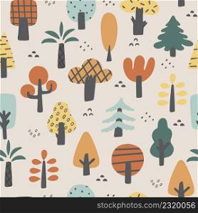 Childish seamless pattern with hand-drawn trees. Can be used for textile, wallpaper, scrapbooking, nursery.