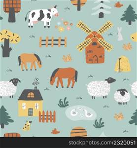 Childish seamless pattern with house, mill and farm animals. Small village. Can be used for textile, nursery, wallpaper.