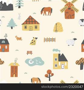 Childish seamless pattern with houses, animals and trees. Small village. Can be used for textile, nursery, wallpaper.