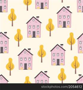 Childish seamless pattern with houses, trees.Creative childish texture for fabric, wrapping, textile, wallpaper, apparel. Vector illustration. Childish seamless pattern with houses, trees.Creative childish texture for fabric, wrapping, textile, wallpaper, apparel.
