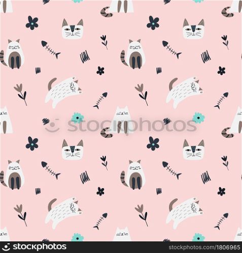 Childish seamless pattern with lazy cat on cream color backdrop, flowers and fish skeleton in cartoon style. Vector trendy print. Cute baby fabric design. Funny character.. Childish seamless pattern with lazy cat on cream color backdrop, flowers and fish skeleton in cartoon style.