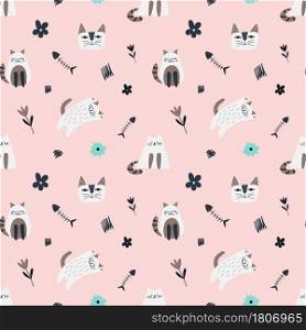 Childish seamless pattern with lazy cat on cream color backdrop, flowers and fish skeleton in cartoon style. Vector trendy print. Cute baby fabric design. Funny character.. Childish seamless pattern with lazy cat on cream color backdrop, flowers and fish skeleton in cartoon style.