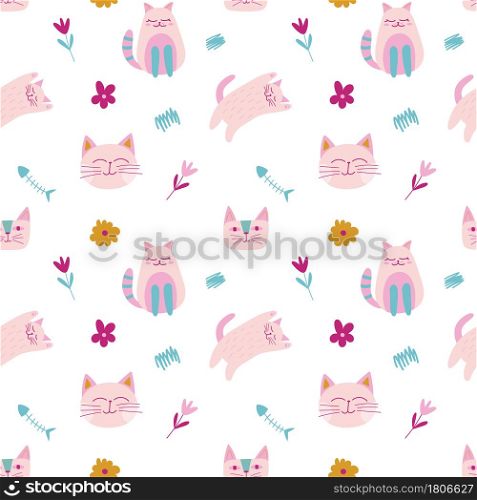 Childish seamless pattern with pink color girly cat, flower, fish skeleton in cartoon style. Vector trendy print. Cute baby fabric design. Funny character.. Childish seamless pattern with pink color girly cat, flower, fish skeleton in cartoon style.