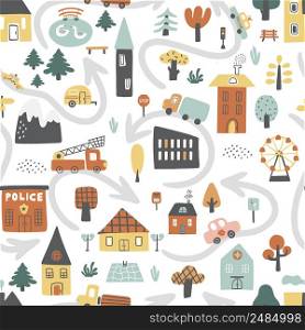 Childish seamless pattern with road, houses, cars, trees, and animals. Can be used for textile, nursery, wallpaper.