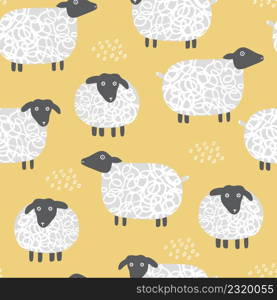 Childish seamless pattern with sheep on a yellow background. Can be used for fabric, wallpaper, textile.