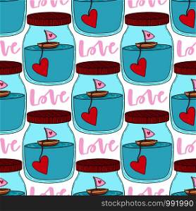 Childish seamless pattern with ships in a glass jar. Design concept for kids print, valentine day and wedding decorations. Love ship in a jar pattern. Summer vector illustration. Childish seamless pattern with ships in a glass jar. Design concept for kids print, valentine day and wedding decorations. Love ship in a jar pattern. Summer vector illustration.