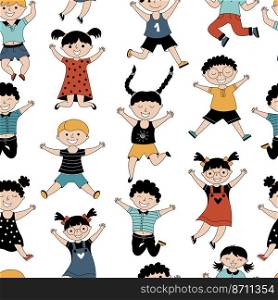 Childish seamless pattern with smiling, happy and jumping kids. Vector background with children in different positions. Can be used for textiles, wallpaper, print, and apparel. . Cheerful children jumping cartoon vector illustrations set