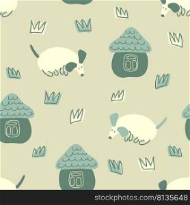 Childish seamless pattern with walking puppies and houses. Perfect for T-shirt, fabric, textile and print. Hand drawn babyish vector illustration for decor and design.