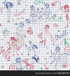 Childish style hand drawn seamless pattern with girls