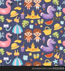 Childish summer seamless pattern. Cute kids beachgoers girl and boy with nautical sea holiday accessories on blue background. Vector illustration in cartoon style