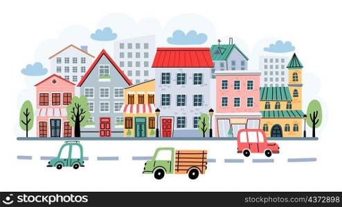 Childish town street landscape with houses and cars on road. Cute city in scandinavian style. Cartoon village buildings vector background. Illustration of town childish street with building and car. Childish town street landscape with houses and cars on road. Cute city in scandinavian style. Cartoon village buildings vector background