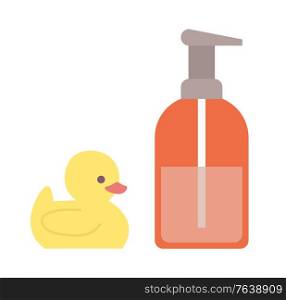 Childish toy and bottle with liquid vector, isolated lotion for bathing and washing baby and rubber yellow duck with red beak, soap shampoo solution. Rubber Duck Toy and Lotion in Bottle Hygiene Care