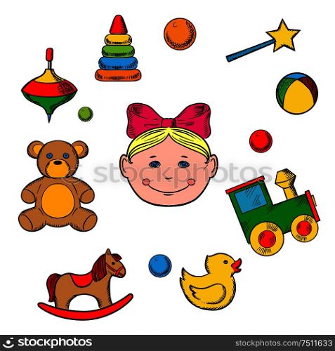 Childish toys and little girl icons with silhouette of a small girl head surrounded by her toys as bear, horse, duck, rattle, train, ball, pyramid and whirligig. Childish toys and little girl