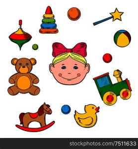 Childish toys and little girl icons with silhouette of a small girl head surrounded by her toys as bear, horse, duck, rattle, train, ball, pyramid and whirligig. Childish toys and little girl
