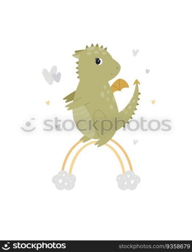 Childish vector illustration of cute green dragon sitting on a rainbow. Sweet design for posters, nursery decorations, frame art, kids print. Childish vector illustration of cute green dragon sitting on a rainbow