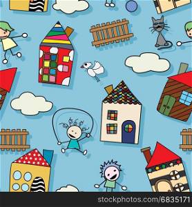 Childlike drawing seamless pattern with houses kids and animals