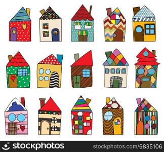 Childlike house drawings collection against white background