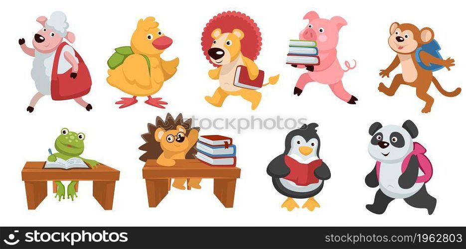 Childlike small animal characters walking with books reading for school. Sheep and monkey with panda walking with backpacks. Learning and studying duck and penguin, frog and hedgehog. Vector in flat. Animal creatures with books reading for school