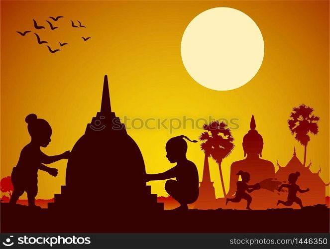 Childrean throw water each other in Song kran day famous festival of Thailand Loas Myanmar and Cambodia,new year,silhouette design,vector illustration