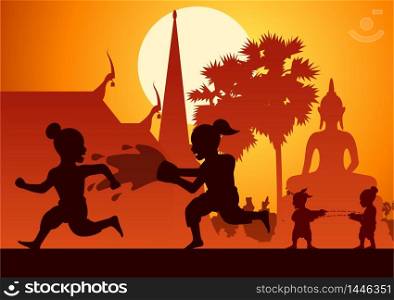 Childrean throw water each other in Song kran day famous festival of Thailand Loas Myanmar and Cambodia,new year,silhouette design,vector illustration