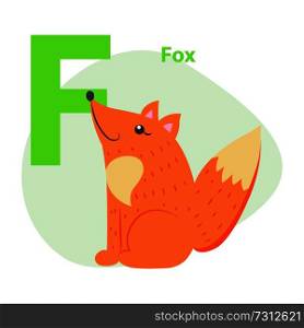 Children ABC with cute animal cartoon vector. English letter F with funny fox flat illustration isolated on white background. Zoo alphabet with mammal and caption for preschool education, kids books. Zoo ABC Letter with Cute Fox Cartoon Vector