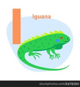 Children ABC with cute animal cartoon vector. English letter I with funny iguana flat illustration isolated on white background. Zoo alphabet with lizard and caption for preschool education, kids book. Zoo ABC Letter with Cute Iguana Cartoon Vector. Zoo ABC Letter with Cute Iguana Cartoon Vector