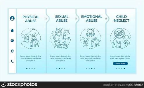 Children abuse at home onboarding vector template. Physical violence. Sexual assault. Emotional trauma. Responsive mobile website with icons. Webpage walkthrough step screens. RGB color concept. Children abuse at home onboarding vector template