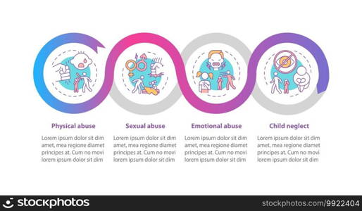 Children abuse at home vector infographic template. Children safety presentation design elements. Data visualization with 4 steps. Process timeline chart. Workflow layout with linear icons. vector infographic template