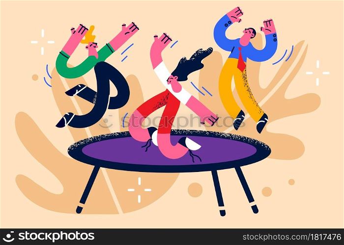Children activities and having fun concept. Group of happy kids jumping on trampoline feeling positive having fun together vector illustration . Children activities and having fun concept