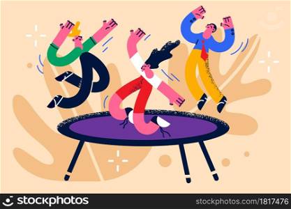 Children activities and having fun concept. Group of happy kids jumping on trampoline feeling positive having fun together vector illustration . Children activities and having fun concept
