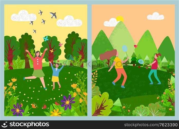 Children activity outdoor in park, girls running with butterfly net, kids characters playing badminton on grass near mountains, trees and flowers, summer vector. Family weekend. Kids Playing Badminton, Running with Net Vector