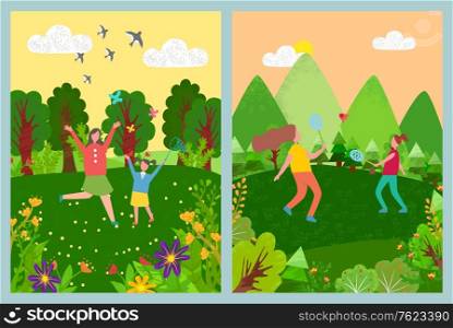 Children activity outdoor in park, girls running with butterfly net, kids characters playing badminton on grass near mountains, trees and flowers, summer vector. Family weekend. Kids Playing Badminton, Running with Net Vector